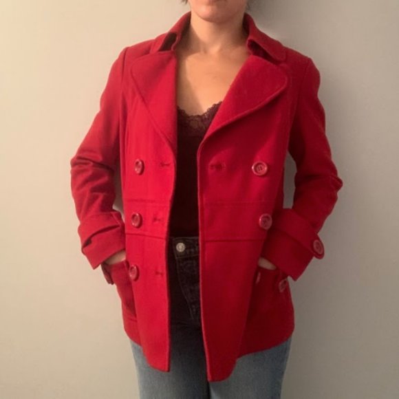 Bright Red Pea Coat Forever 21 - Picture 6 of 10